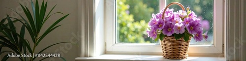 Wallpaper Mural a vase filled with fresh violet blooms arranged in a wicker basket on a sunny windowsill, floral displays, violet flowers, sunlight Torontodigital.ca