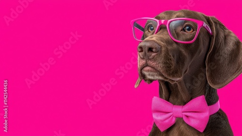 Stylish Dog Wearing Glasses and Bow Tie Against Pink Background