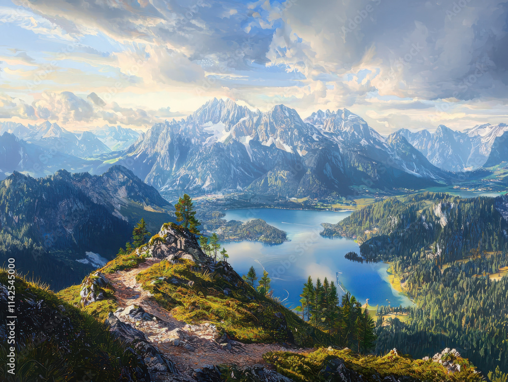 Fototapeta premium Sunrise over lake eibsee mountain peak view nature panorama breathtaking landscape scenic beauty