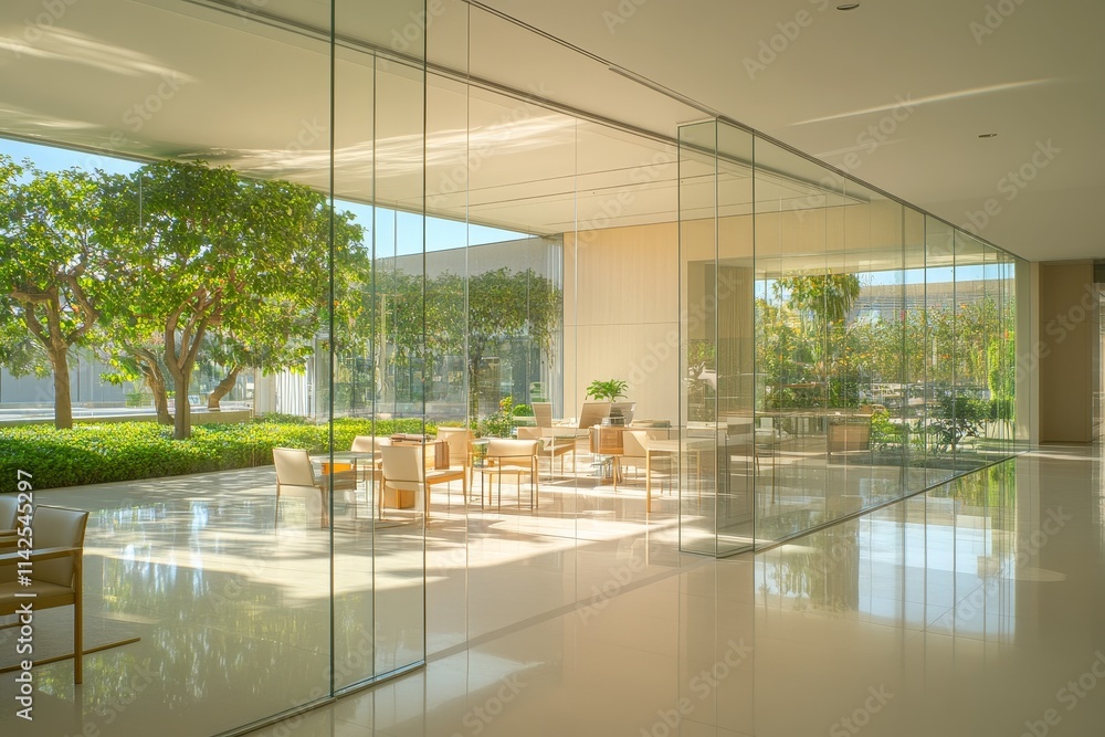 Modern interior design featuring a spacious and bright lounge area with glass walls, greenery, and contemporary furniture for a serene atmosphere Modern interior design featuring a spacious and bright lounge area with glass walls, greenery, and contemporary furniture for a serene atmosphere