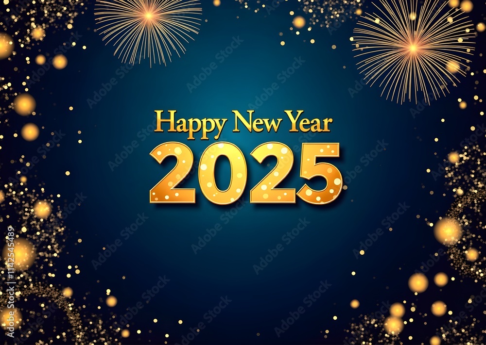 Naklejka premium Happy New Year 2025 – Elegant Gold Glitter Waves with Sparkling Bokeh Effects for a Luxurious Design