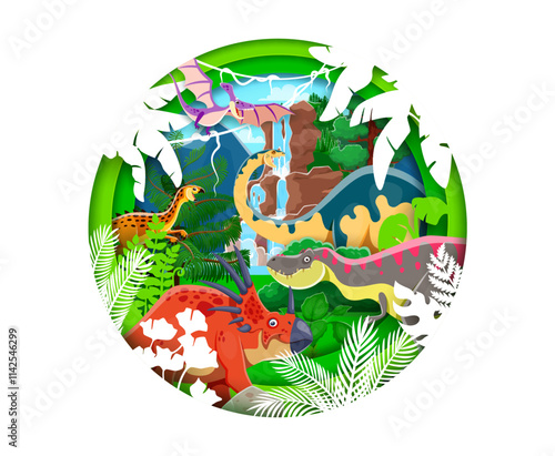 Paper cut prehistoric dinosaurs landscape with waterfall and palm trees in vector 3d layered round frame. Cartoon tarbosaurus, styracosaurus, pteranodon and scutellosaurus dinosaurs paper cut banner