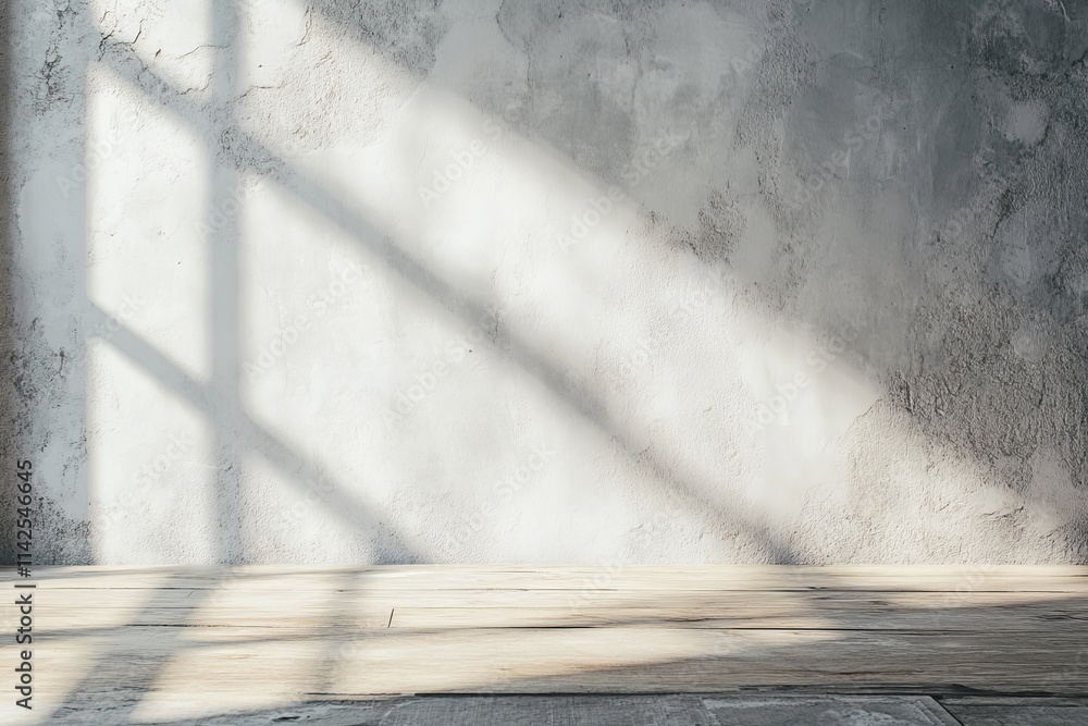 Modern Minimalistic Interior with Soft Natural Light Streaming through Windows onto a Textured Concrete Wall and Wooden Floor in Bright Daylight Modern Minimalistic Interior with Soft Natural Light Streaming through Windows onto a Textured Concrete Wall and Wooden Floor in Bright Daylight