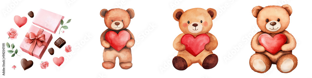 Valentine's Day Galentine gifts. Cute teddy bears holding hearts with a gift box and flowers, perfect for Valentine's Day themes. Valentine's Day Galentine gifts. Cute teddy bears holding hearts with a gift box and flowers, perfect for Valentine's Day themes.