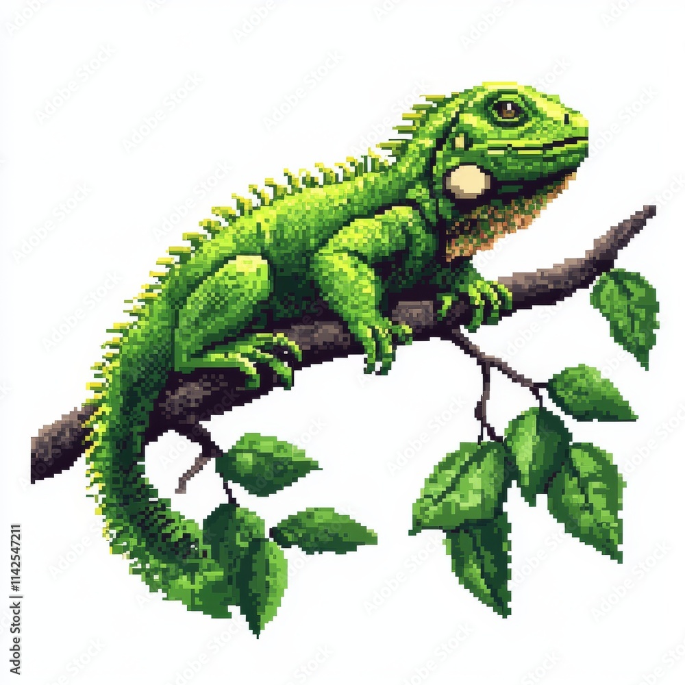 Fototapeta premium Pixel Art Iguana on Branch - Tropical Exotic Vibes in 8-Bit Green | Vector Illustration on White Background