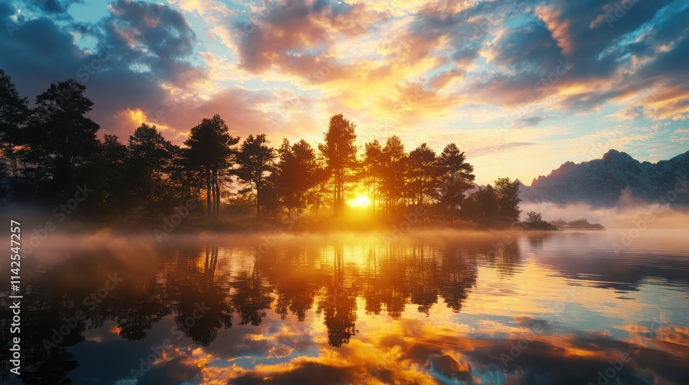 Fototapeta premium Majestic sunrise over foggy river nature landscape artistic reflection calm environment tranquil viewpoint