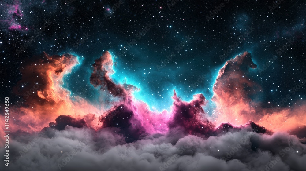 Fototapeta premium A panoramic view of a vast and colorful nebula, with towering pillars of gas and dust sculpted by stellar winds and radiation, revealing intricate fractal structures.