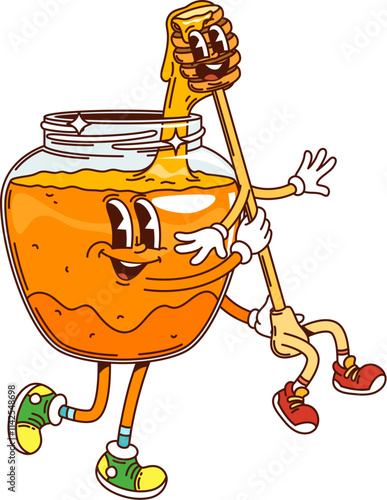 Cartoon groovy honey jar and dipper funny hippie sweet dessert characters wearing sneakers with smiling expression. Isolated vector cheerful food personages exude fun and happiness of celebration