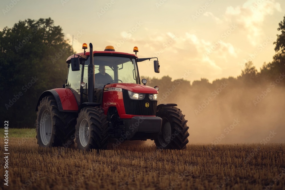 Naklejka premium Red Agricultural Tractor Working in Dusty Field During Sunset, Capturing the Essence of Farming and Rural Life with Vibrant Colors and Action