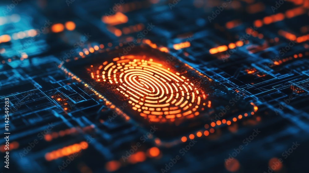 A futuristic concept of a biometric microchip glowing with fingerprint and retinal scan overlays, symbolizing secure identification technology A futuristic concept of a biometric microchip glowing with fingerprint and retinal scan overlays, symbolizing secure identification technology