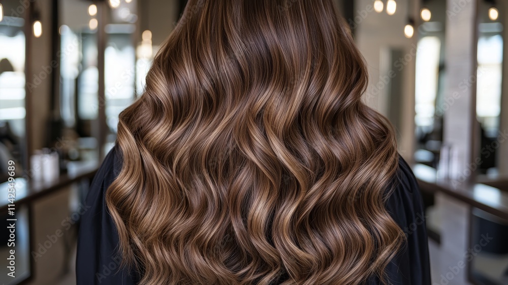 Brown hair close-up as a background. Women's long brown hair. Beautifully styled wavy shiny curls. Hair coloring. Hairdressing procedures, extension. Brown hair close-up as a background. Women's long brown hair. Beautifully styled wavy shiny curls. Hair coloring. Hairdressing procedures, extension.