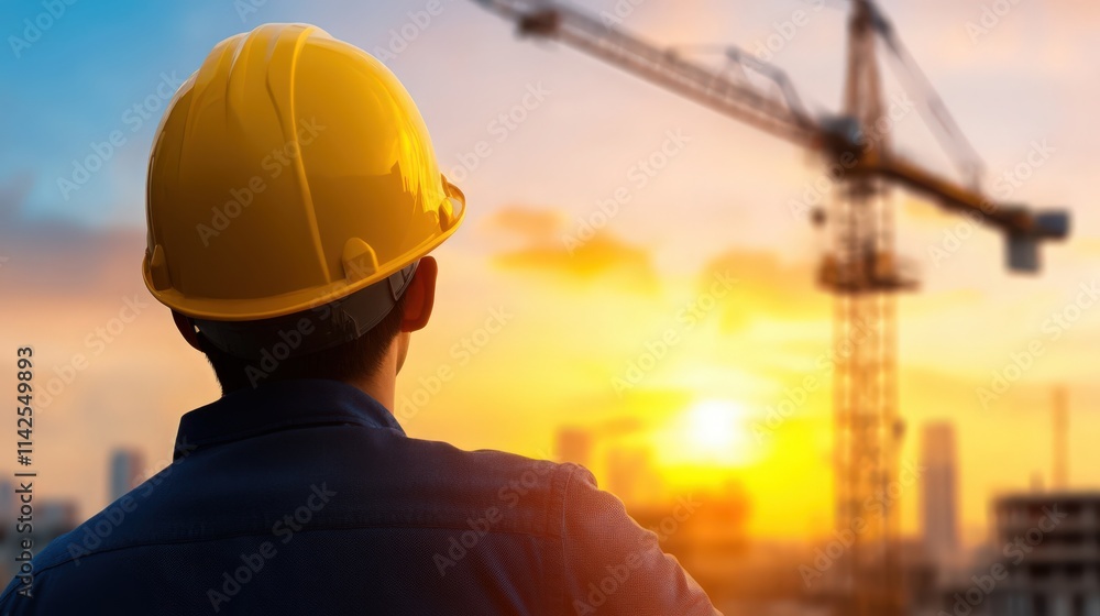 A construction worker wearing a yellow helmet looks up at the sun A construction worker wearing a yellow helmet looks up at the sun