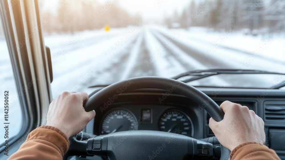 Fototapeta premium A driver gripping the steering wheel tightly while navigating a frozen road, with a visible black ice hazard warning on the dashboard