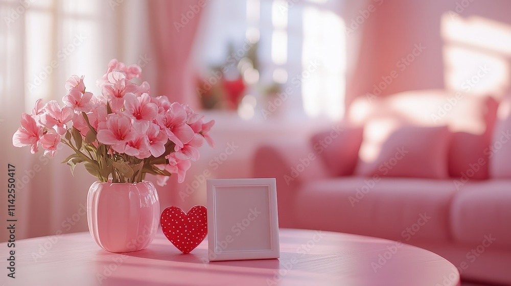 A white rectangular photo frame on a pink tabletop in a cozy living room, creating a romantic Valentine's Day atmosphere with soft lighting, perfect for love and relationship themes. A white rectangular photo frame on a pink tabletop in a cozy living room, creating a romantic Valentine's Day atmosphere with soft lighting, perfect for love and relationship themes.