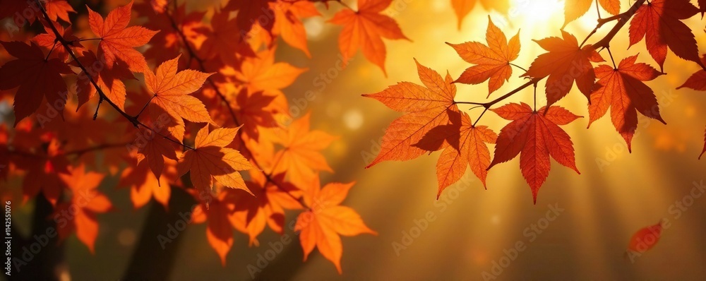 Fototapeta premium Backlit plane tree leaves in shades of gold and orange, orange hues, landscape photo