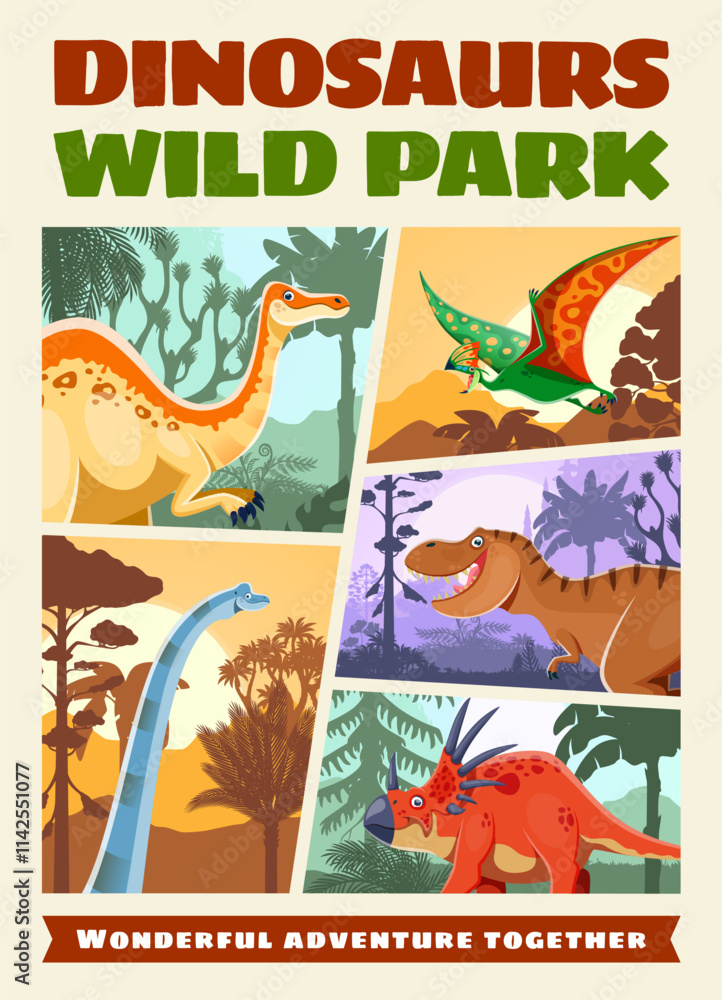 Dino park retro poster or flyer with prehistoric dinosaurs. Vector collage of cartoon jurassic tyrannosaurus rex, styracosaurus and titanosauria dinosaurs characters at dino park landscape background Dino park retro poster or flyer with prehistoric dinosaurs. Vector collage of cartoon jurassic tyrannosaurus rex, styracosaurus and titanosauria dinosaurs characters at dino park landscape background