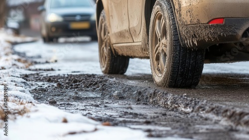 Close-up of a car tire skidding on a black ice patch, emphasizing the slippery surface and driving risk photo