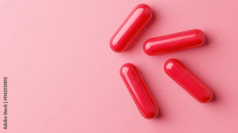 Bright Red Capsules on Soft Pink Background for Health and Wellness Bright Red Capsules on Soft Pink Background for Health and Wellness