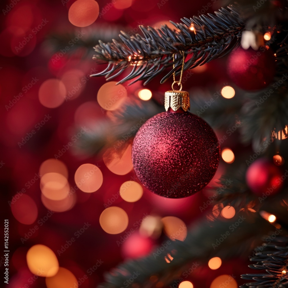 Christmas tree with ornaments and bokeh lights on red background Christmas tree with ornaments and bokeh lights on red background