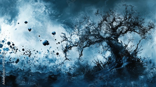 A mystical dark tree rises amidst swirling blue and black abstract waves.