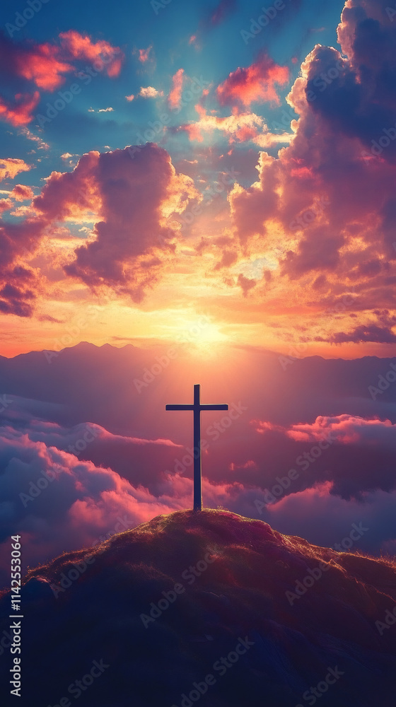 Fototapeta premium Dramatic sunset sky with cross standing on a mountain peak, symbolizing faith, hope, and resurrection during easter