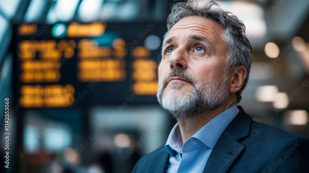 A middle-aged, bearded man in a suit looks intently at an electronic departure board in a modern airport, conveying travel, anticipation, and contemplation. A middle-aged, bearded man in a suit looks intently at an electronic departure board in a modern airport, conveying travel, anticipation, and contemplation.