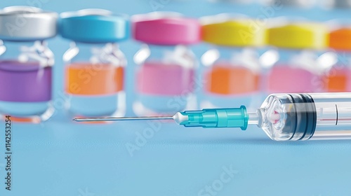 Syringe with Vial Background in Bright Blue Medical Setting