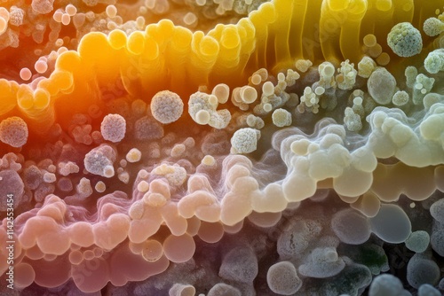 Detailed close-up of gut microorganisms, The image showcases the microbiome