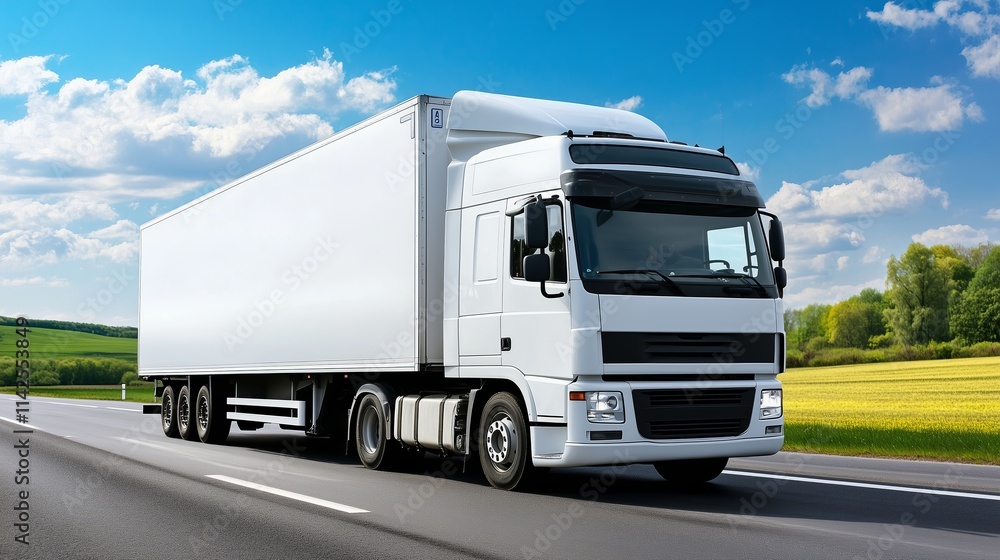 White truck transporting goods on a highway under a blue sky with green fields White truck transporting goods on a highway under a blue sky with green fields