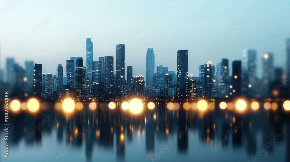 Fototapeta premium A cityscape skyline at night with brightly lit office buildings, representing a thriving economy, bustling business centers, and financial opportunity.