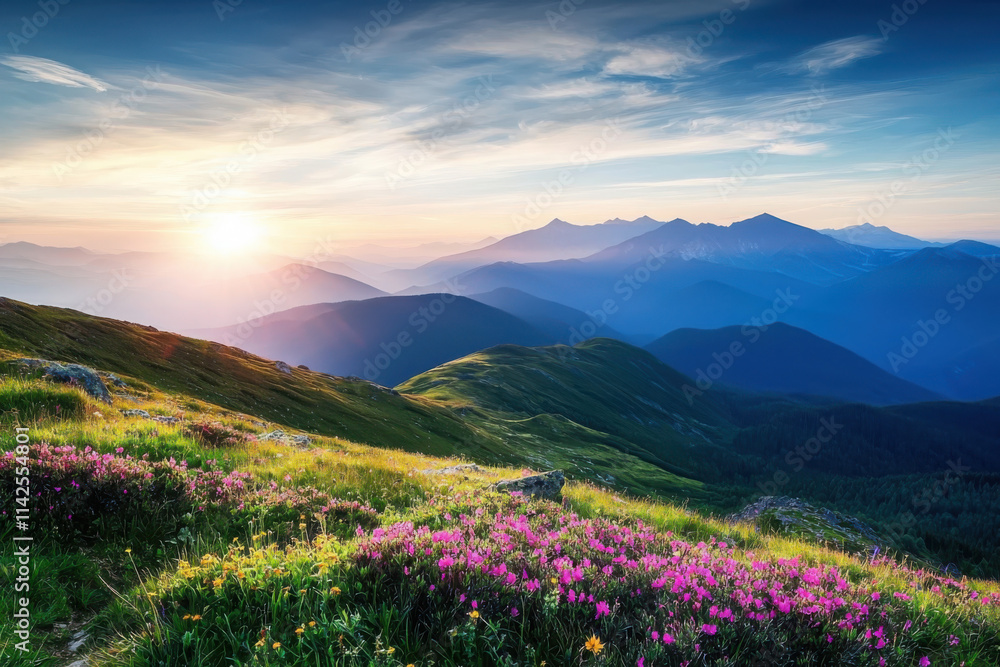 Fototapeta premium Breathtaking sunrise over mountain landscape with colorful wildflowers nature scenic viewpoint tranquil atmosphere