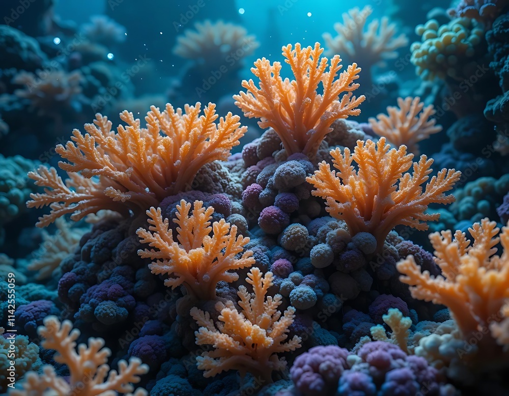 Fototapeta premium An alien coral reef with structures shaped like musical notes, emitting a soft bioluminescent glow