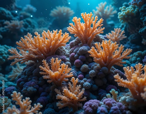 An alien coral reef with structures shaped like musical notes, emitting a soft bioluminescent glow  photo