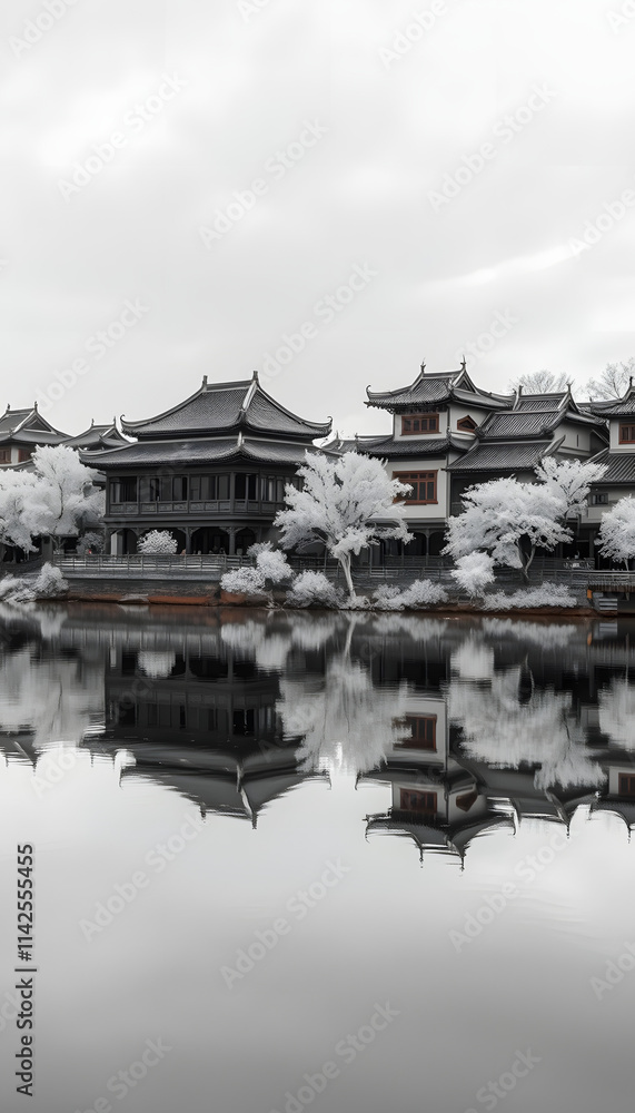 Naklejka premium Infrared photography of traditional Chinese buildings on lake, sticker style. isolated with white highlights