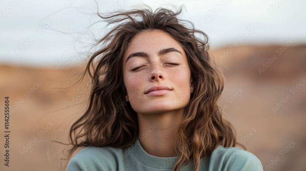 A peaceful woman with closed eyes enjoys a serene moment outdoors as the wind gently blows her hair, portraying tranquility and connection with nature around her. A peaceful woman with closed eyes enjoys a serene moment outdoors as the wind gently blows her hair, portraying tranquility and connection with nature around her.