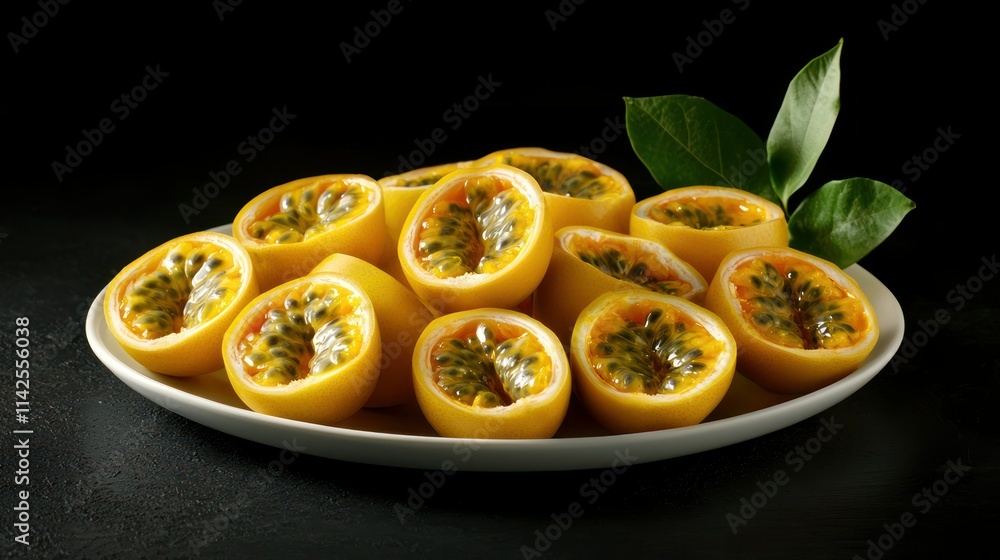 A beautifully arranged plate of whole and sliced passion fruits, showcasing their unique shape and color A beautifully arranged plate of whole and sliced passion fruits, showcasing their unique shape and color