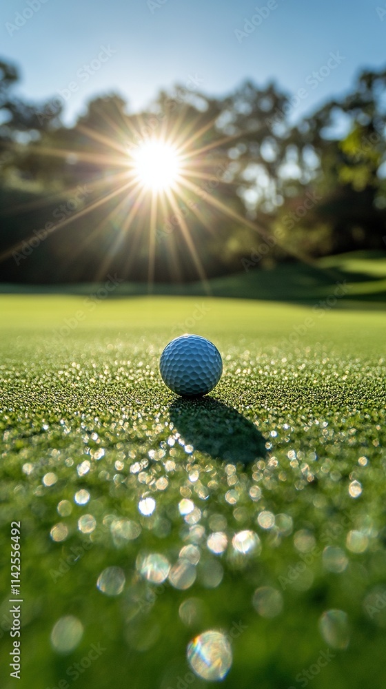 Golf ball on dewy green with sun star. Golf ball on dewy green with sun star.