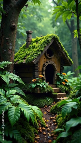 Bee house nestled among lush greenery with staghorn ferns and large leaves,, botany, leafygreenery photo