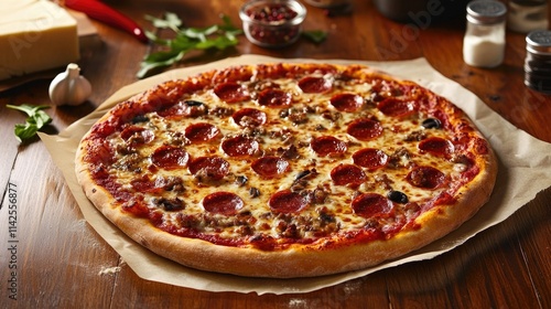 Wallpaper Mural Delicious pepperoni and sausage pizza with black olives on rustic wooden table Torontodigital.ca