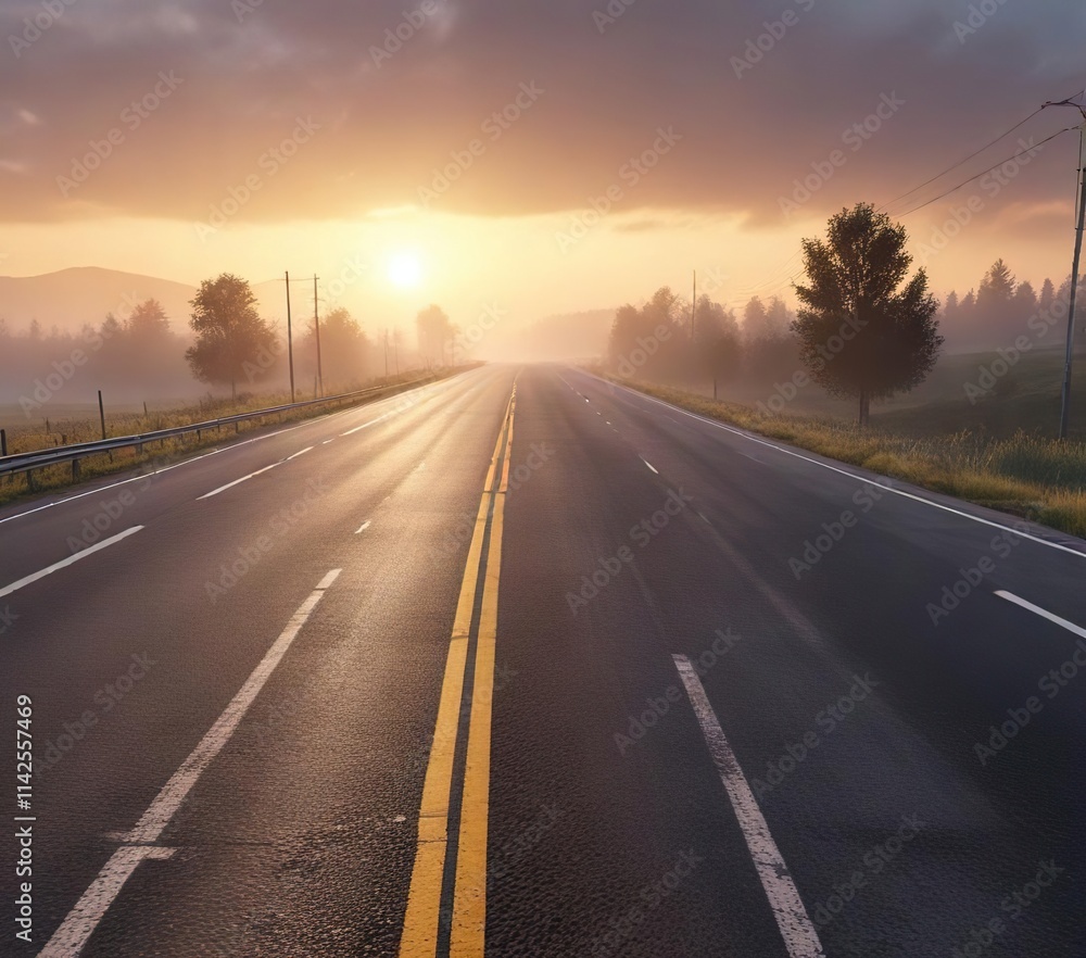 Asphalt highway at dawn with early morning sunlight and fog, daytime, traffic Asphalt highway at dawn with early morning sunlight and fog, daytime, traffic