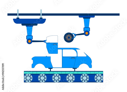 Car manufacturing process 2D cartoon object. Factory production line. Robotic arms attaching automobile wheel and door isolated element flat vector clipart on white background. Spot illustration