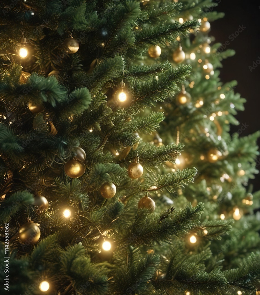 Blurred gold lighting highlights the branches of a lush green Christmas tree, decorative tree, festive ambiance, Blurred gold lighting highlights the branches of a lush green Christmas tree, decorative tree, festive ambiance,