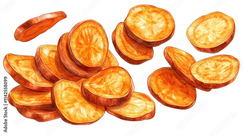 Hand-Drawn Sweet Potato Chips on White Background for Food Illustrations Hand-Drawn Sweet Potato Chips on White Background for Food Illustrations