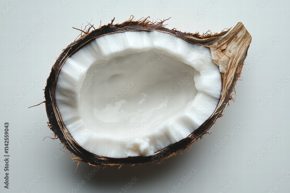 Fresh Coconut Half with Creamy White Flesh and Brown Shell Texture Fresh Coconut Half with Creamy White Flesh and Brown Shell Texture