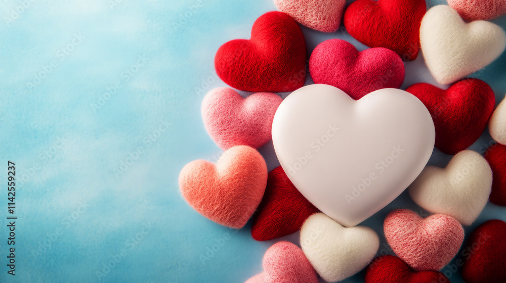 Obraz premium Colorful Felt Hearts in Various Shades Surrounding a White Heart on Blue Background