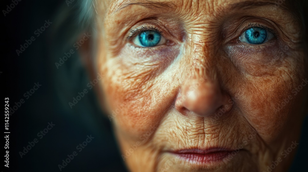 A close-up portrait of an elderly woman with striking blue eyes and detailed facial features. A close-up portrait of an elderly woman with striking blue eyes and detailed facial features.