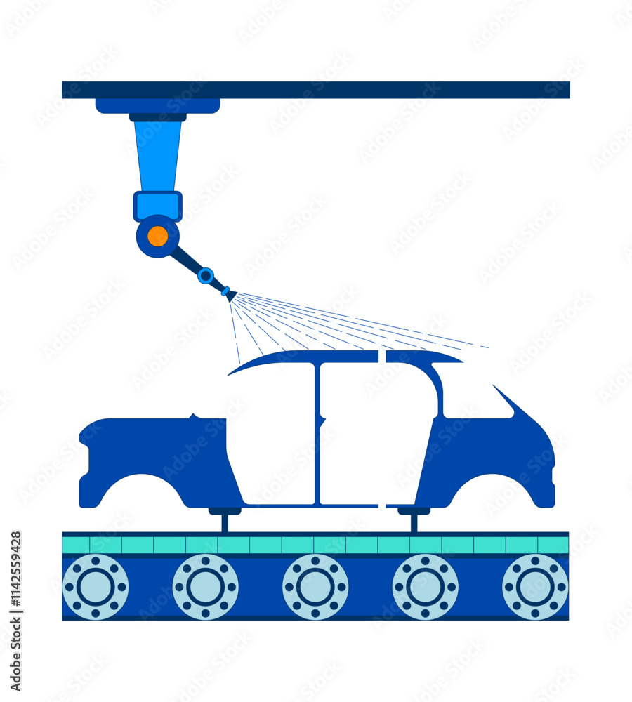 Car body airbrushing with industrial paint robot 2D cartoon object. Automatic spray coating on vehicle frame production line isolated element flat vector clipart on white background. Spot illustration Car body airbrushing with industrial paint robot 2D cartoon object. Automatic spray coating on vehicle frame production line isolated element flat vector clipart on white background. Spot illustration