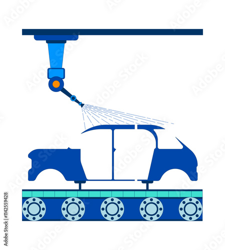 Car body airbrushing with industrial paint robot 2D cartoon object. Automatic spray coating on vehicle frame production line isolated element flat vector clipart on white background. Spot illustration