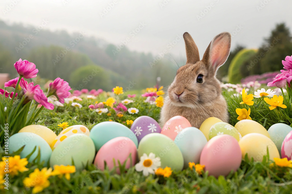 Fototapeta premium A Charming Bunny Amongst Easter Eggs and Blooms by Generative AI