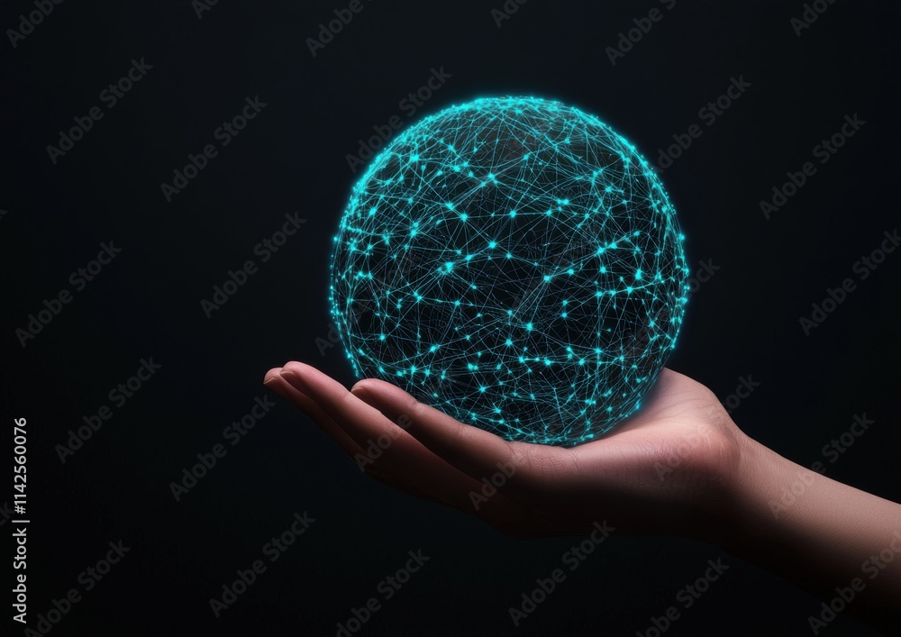 Hand Holding a Digital Globe with Network Connections and Data Flow